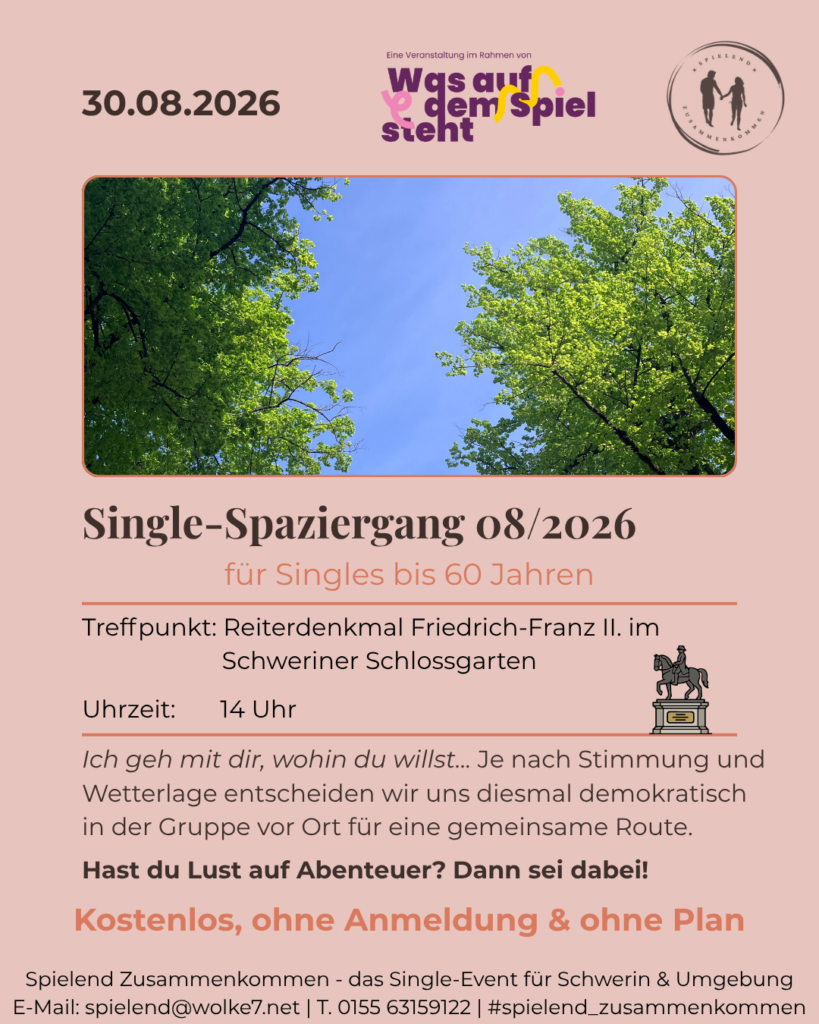 Flyer zum Single-Spaziergang am 30.08.2026 im Schweriner Schlossgarten